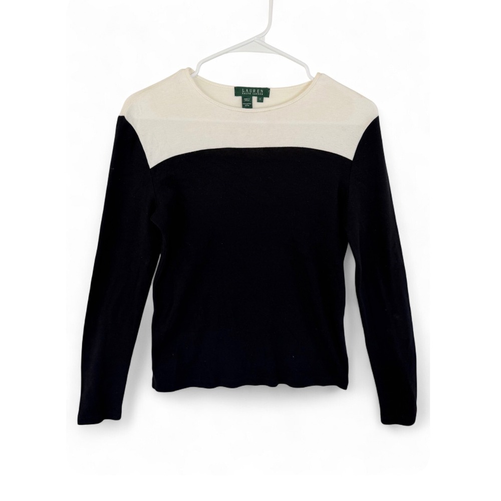 Lauren Ralph Lauren Womens Color Block Knit Top Black Cream 3/4 Sleeve Small